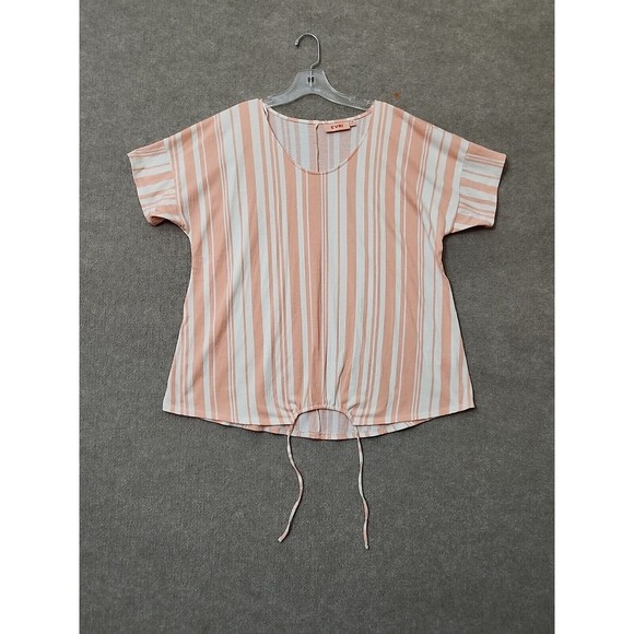 EVRI Tops - EVRI Shirt Tunic Top Womens 1X Pink White Striped Short Sleeve Tie Front Stretch